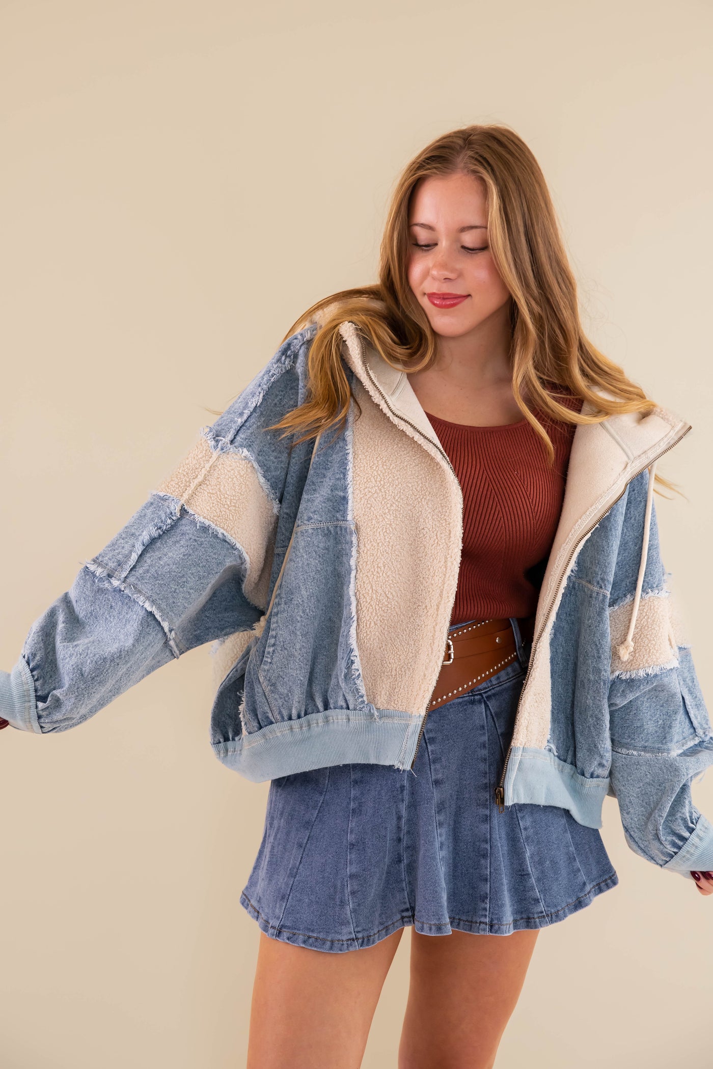 Oversized Denim Jacket- Denim and Sherpa Patchwork Jacket- Bibi Denim Sherpa Jacket