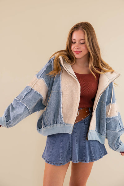 Oversized Denim Jacket- Denim and Sherpa Patchwork Jacket- Bibi Denim Sherpa Jacket