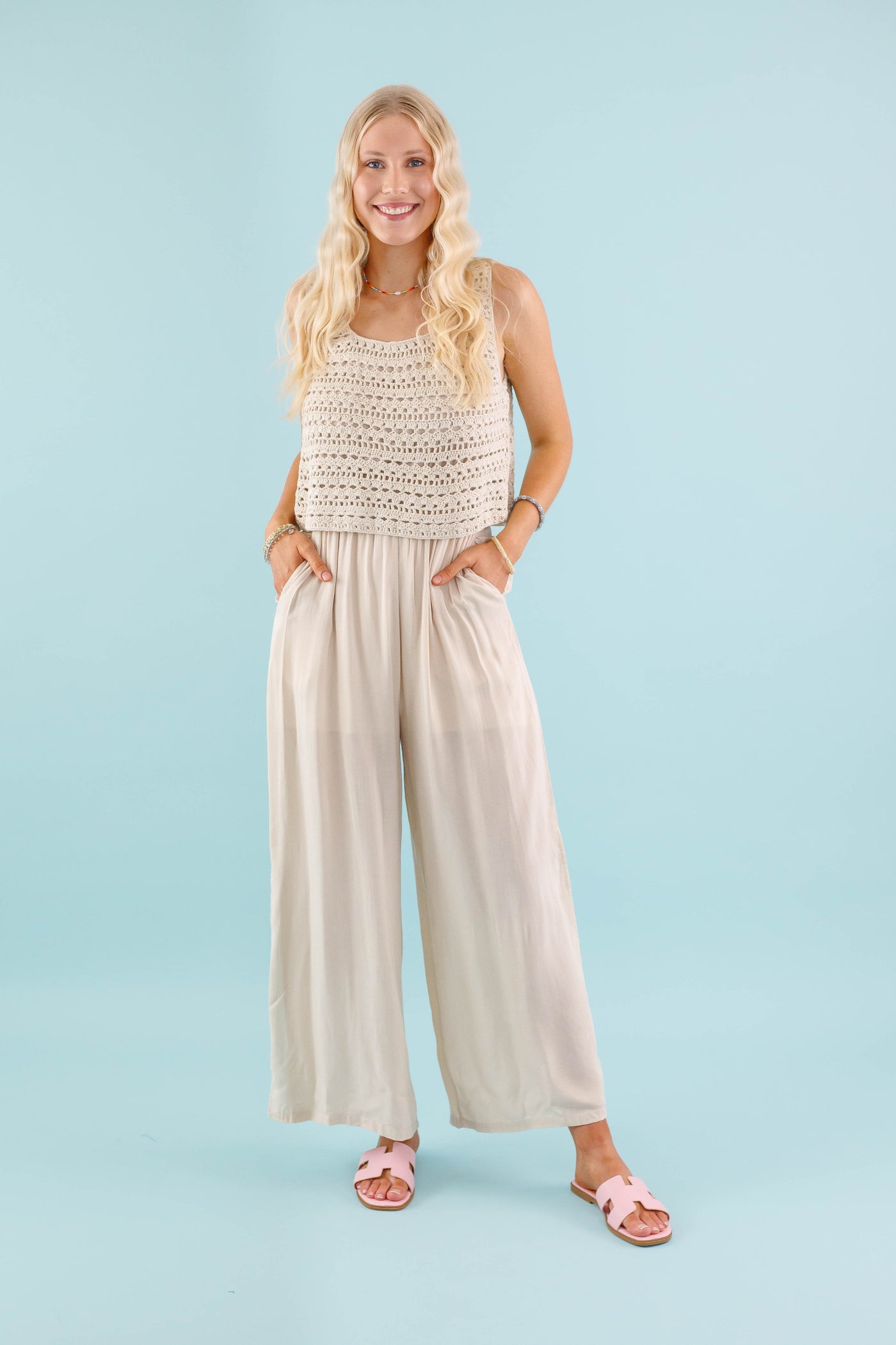 Cream Crochet Slit Jumpsuit- Women's Boho Jumpsuit- Crotchet Jumpsuit