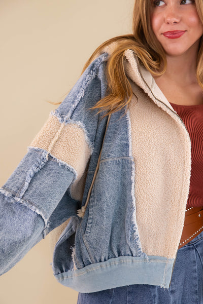 Oversized Denim Jacket- Denim and Sherpa Patchwork Jacket- Bibi Denim Sherpa Jacket