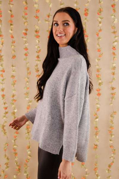 Oversized Grey Mockneck Sweater- Women's Soft Oversized Sweater- Ribbed Knit Comfy Sweater