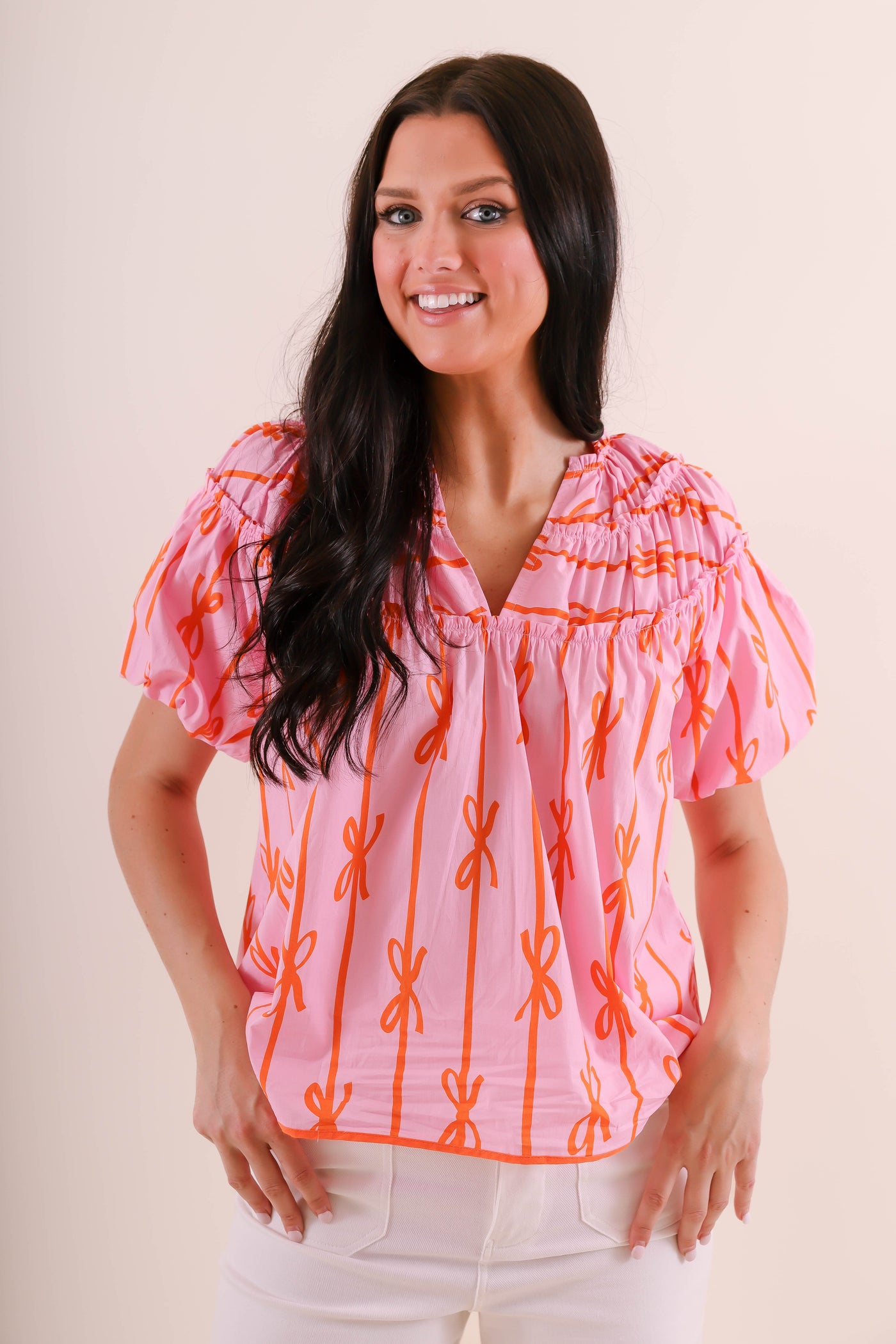 Women's Preppy Bow Blouse- Pink Printed Bow Blouse- Umgee Bow Top