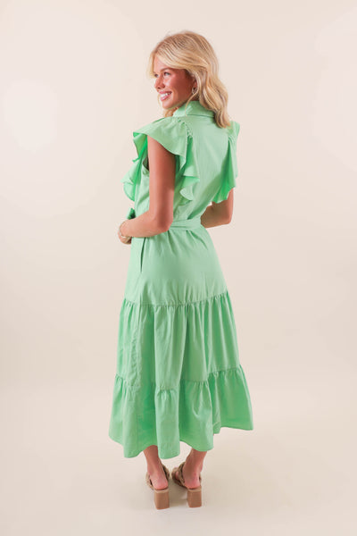 Ruffle Button-Down Poplin Midi Dress- Women's Preppy Green Midi Dress- Ruffle Green Dress