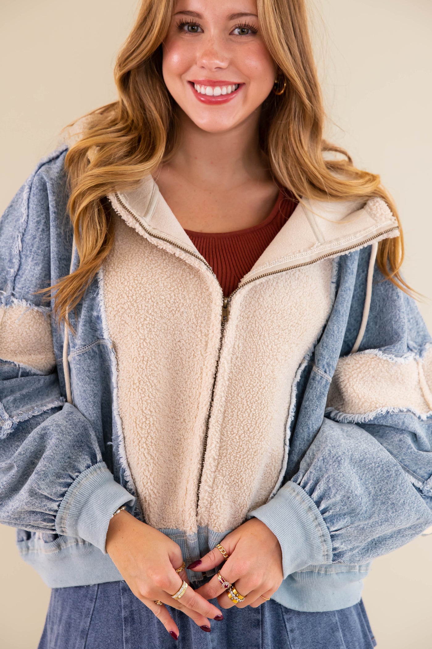 Oversized Denim Jacket- Denim and Sherpa Patchwork Jacket- Bibi Denim Sherpa Jacket