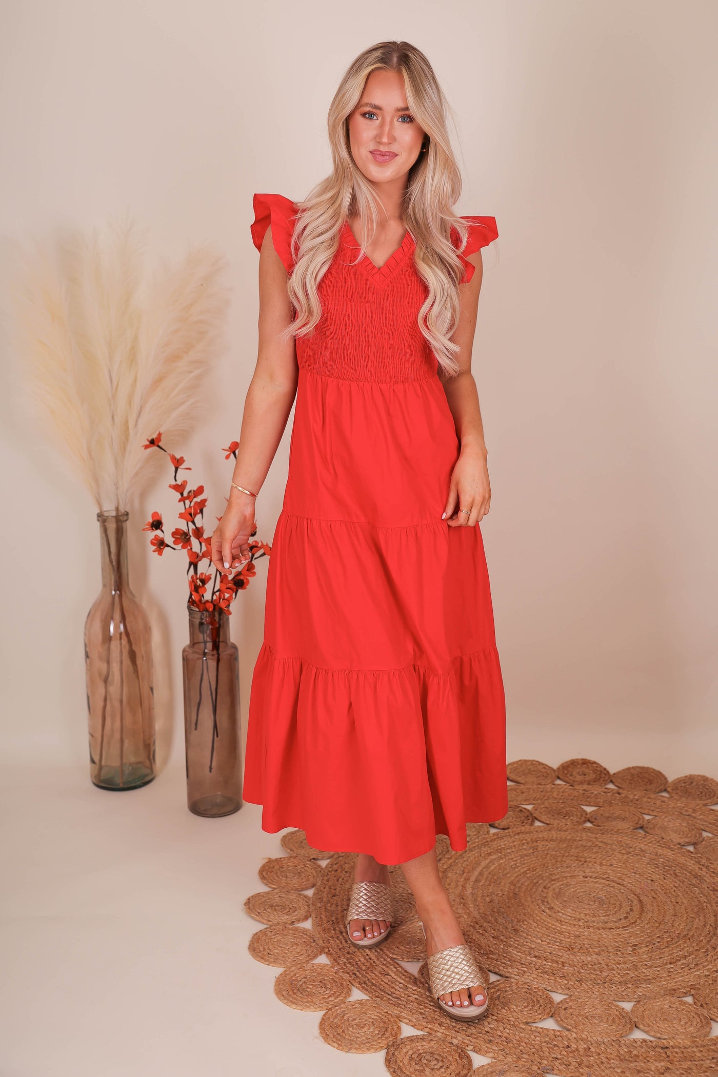 Women's Red Smocked Midi Dress- Women's Red Midi Dress- Sugar Lips Midi Dress