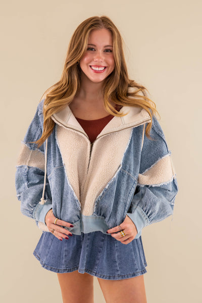 Oversized Denim Jacket- Denim and Sherpa Patchwork Jacket- Bibi Denim Sherpa Jacket