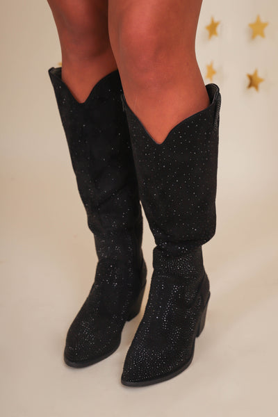  Black Tall Western Boots- Black Rhinestone Boots- Pierre Dumas Black Boots