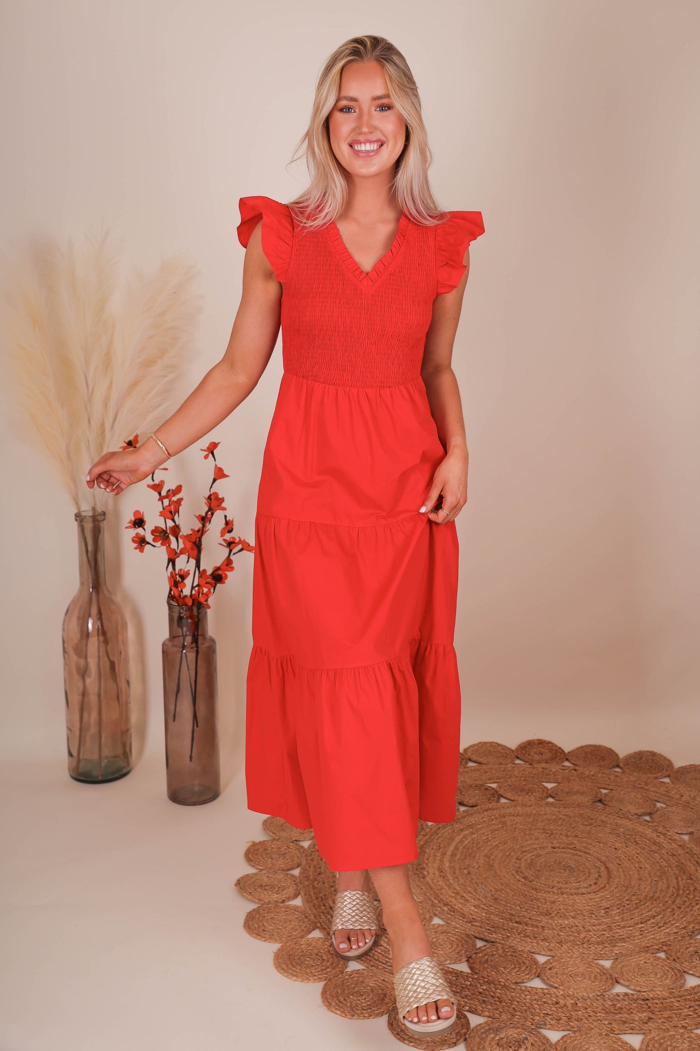 Women's Red Smocked Midi Dress- Women's Red Midi Dress- Sugar Lips Midi Dress