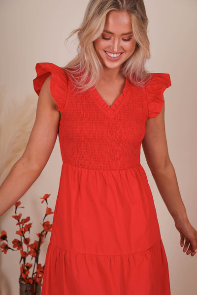 Women's Red Smocked Midi Dress- Women's Red Midi Dress- Sugar Lips Midi Dress