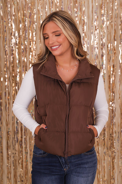 Women's Brown Puffer Vest- Brown Cropped Puffer Vest- Entro Clothing Vest