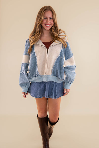 Oversized Denim Jacket- Denim and Sherpa Patchwork Jacket- Bibi Denim Sherpa Jacket