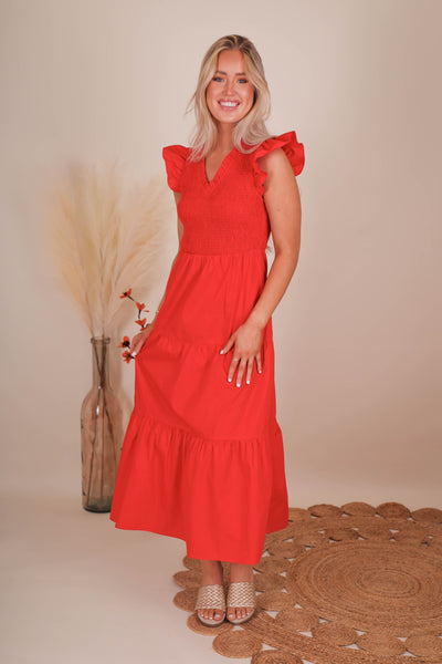 Women's Red Smocked Midi Dress- Women's Red Midi Dress- Sugar Lips Midi Dress