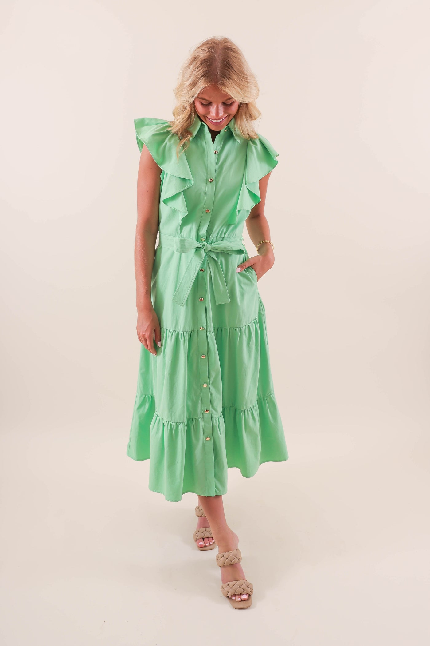 Ruffle Button-Down Poplin Midi Dress- Women's Preppy Green Midi Dress- Ruffle Green Dress