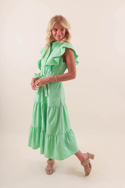 Ruffle Button-Down Poplin Midi Dress- Women's Preppy Green Midi Dress- Ruffle Green Dress