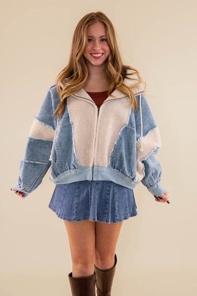 Oversized Denim Jacket- Denim and Sherpa Patchwork Jacket- Bibi Denim Sherpa Jacket