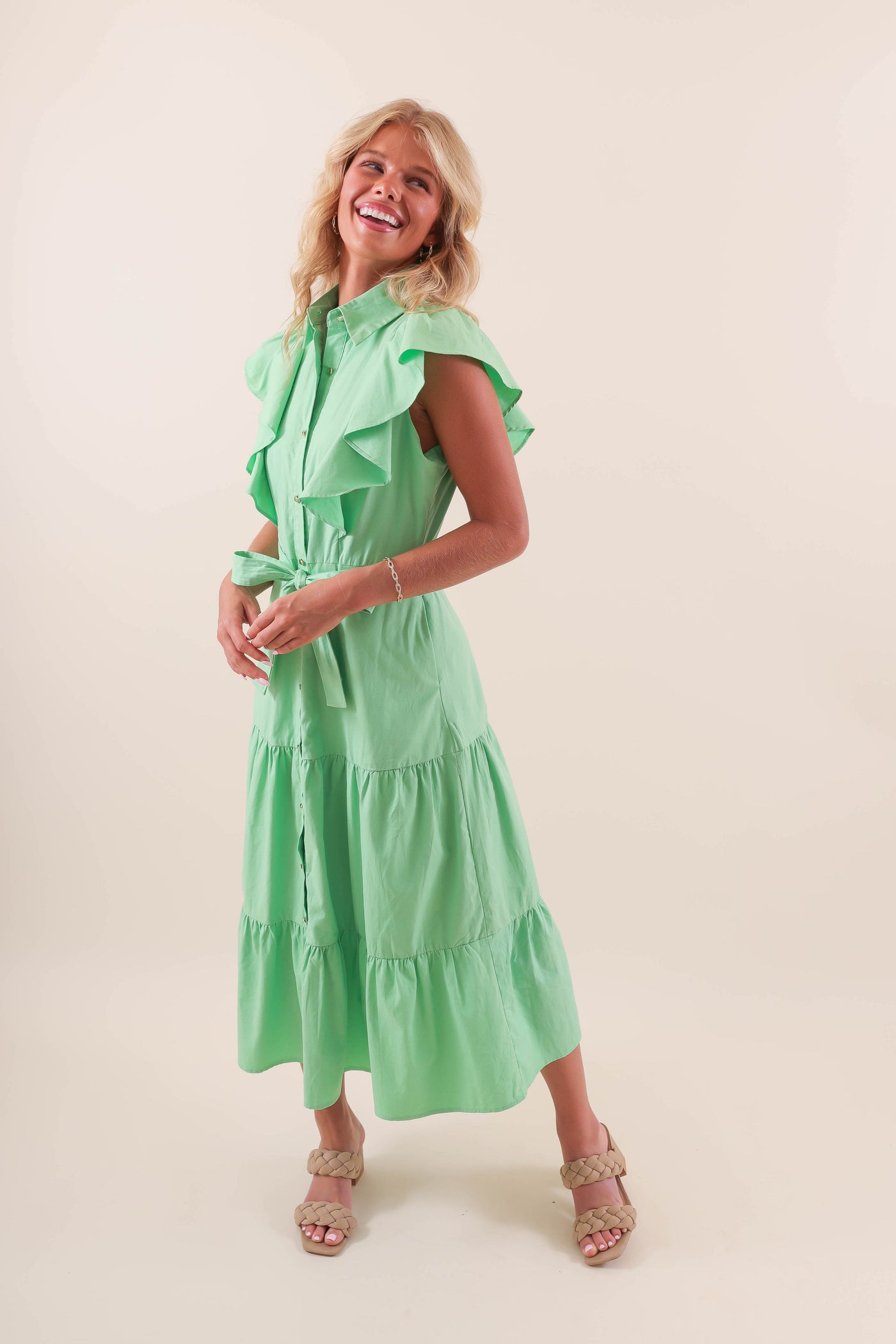 Ruffle Button-Down Poplin Midi Dress- Women's Preppy Green Midi Dress- Ruffle Green Dress