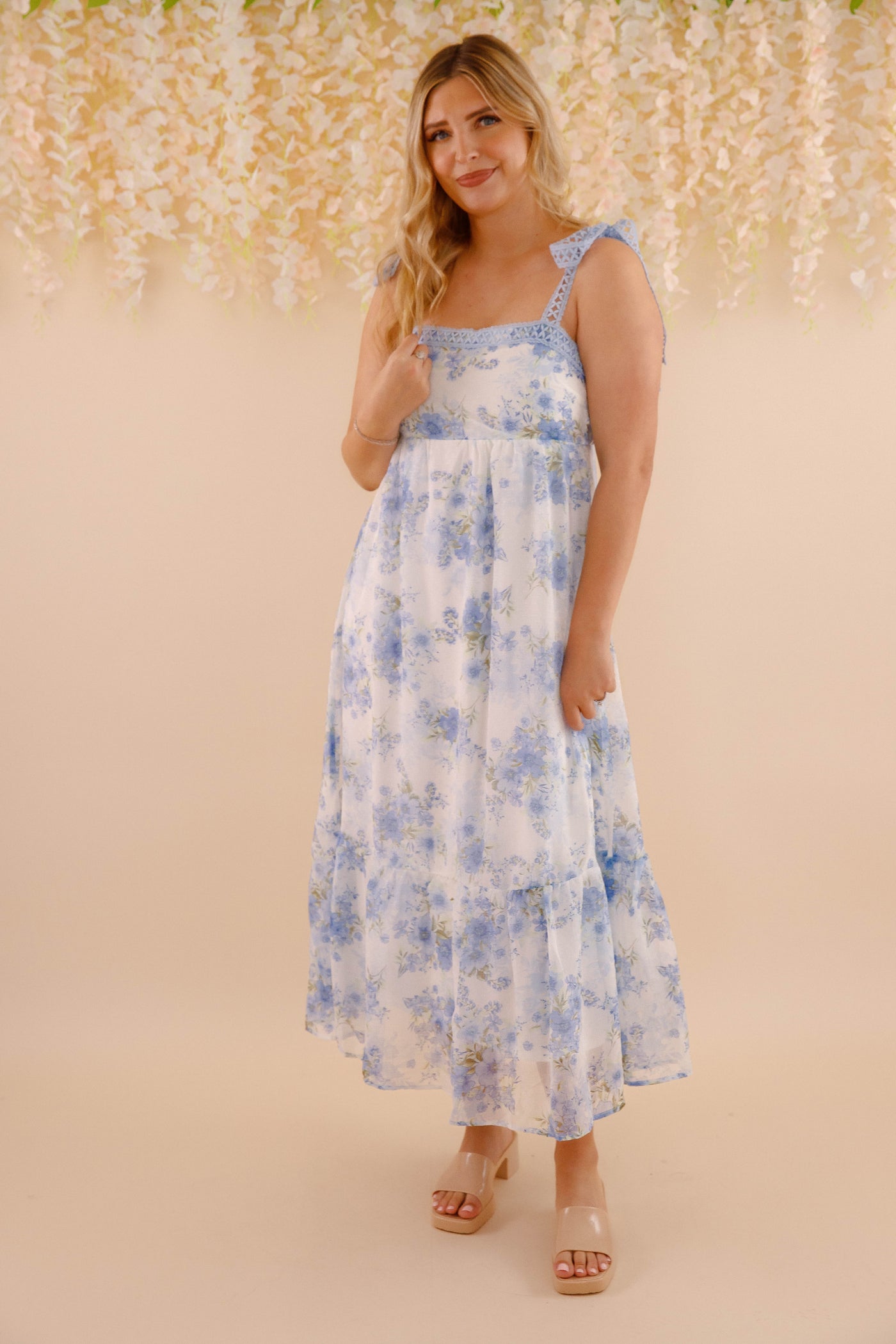 Women's Blue And Green Flower Dress- Blue Crotchet Dress- Blu Pepper Floral Maxi Dress