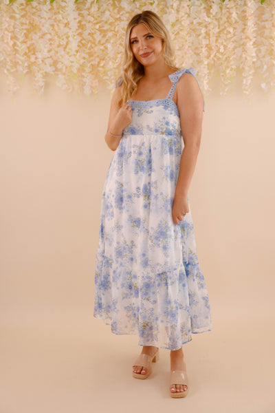 Women's Blue And Green Flower Dress- Blue Crotchet Dress- Blu Pepper Floral Maxi Dress