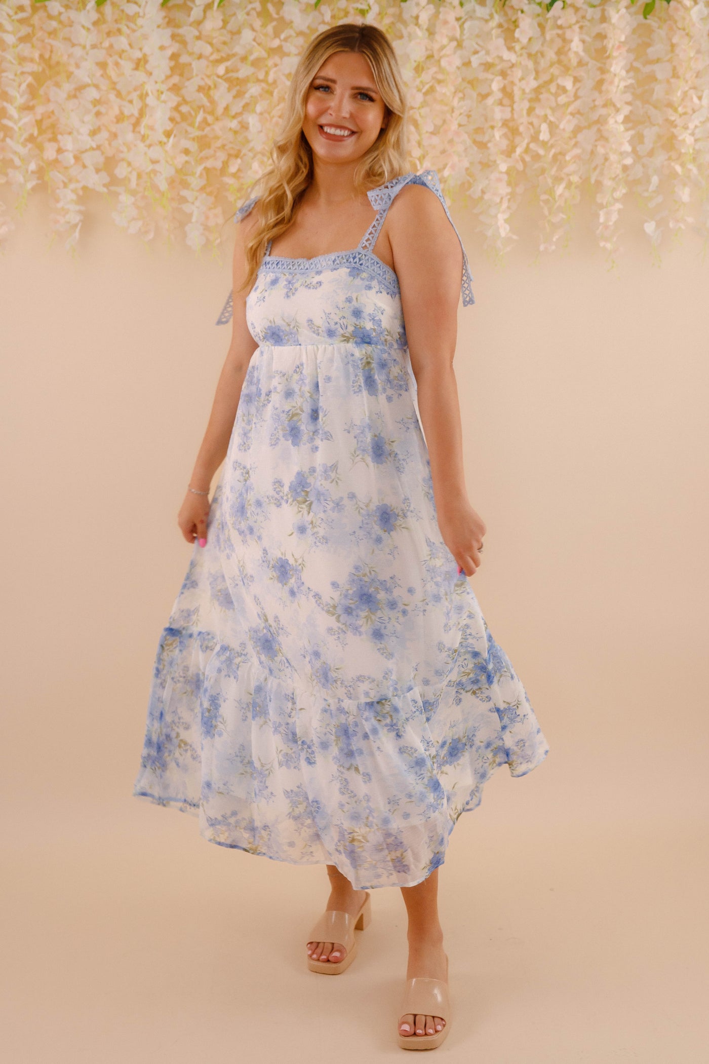 Women's Blue And Green Flower Dress- Blue Crotchet Dress- Blu Pepper Floral Maxi Dress
