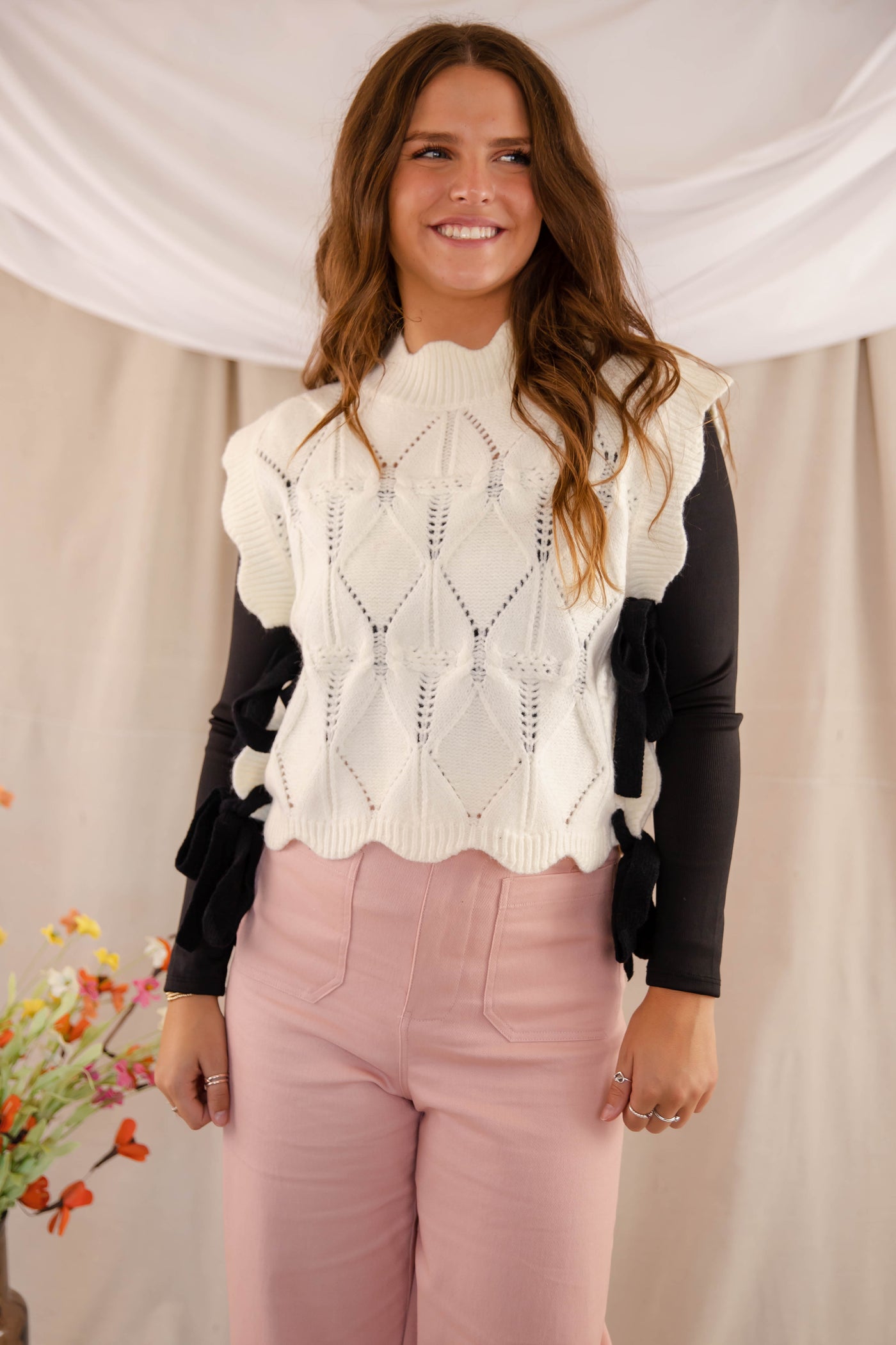 Women's Knit Sweater Vest- Women's Chic Scalloped Sweater With Bows- Mabel Sweaters