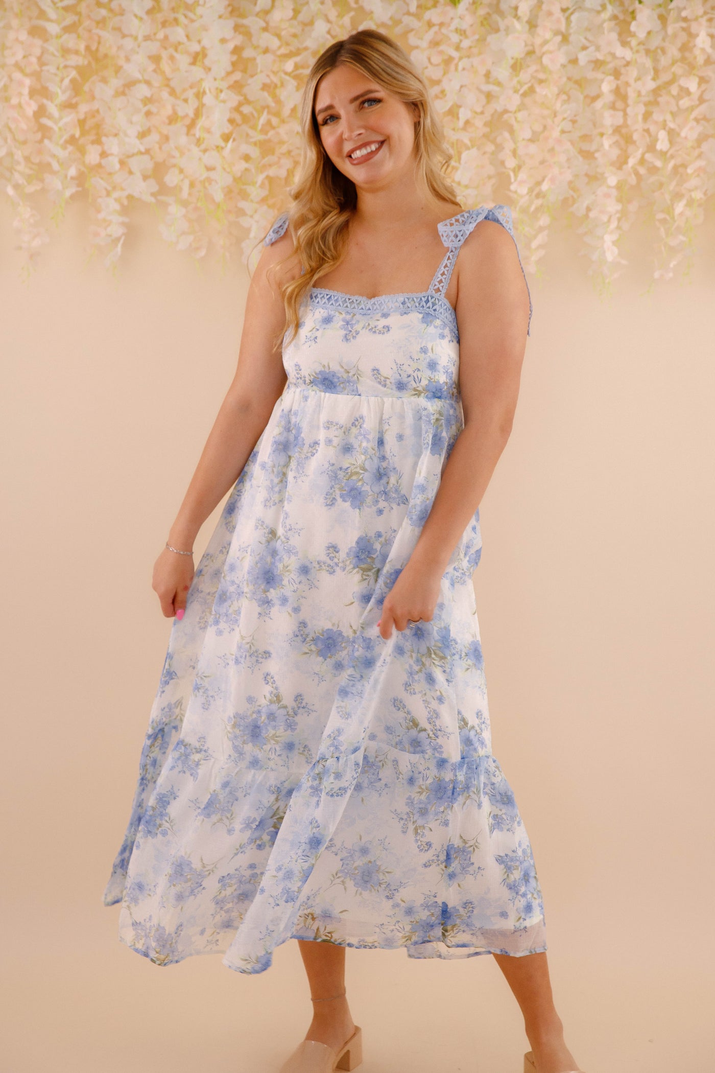 Women's Blue And Green Flower Dress- Blue Crotchet Dress- Blu Pepper Floral Maxi Dress