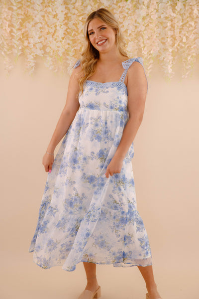 Women's Blue And Green Flower Dress- Blue Crotchet Dress- Blu Pepper Floral Maxi Dress