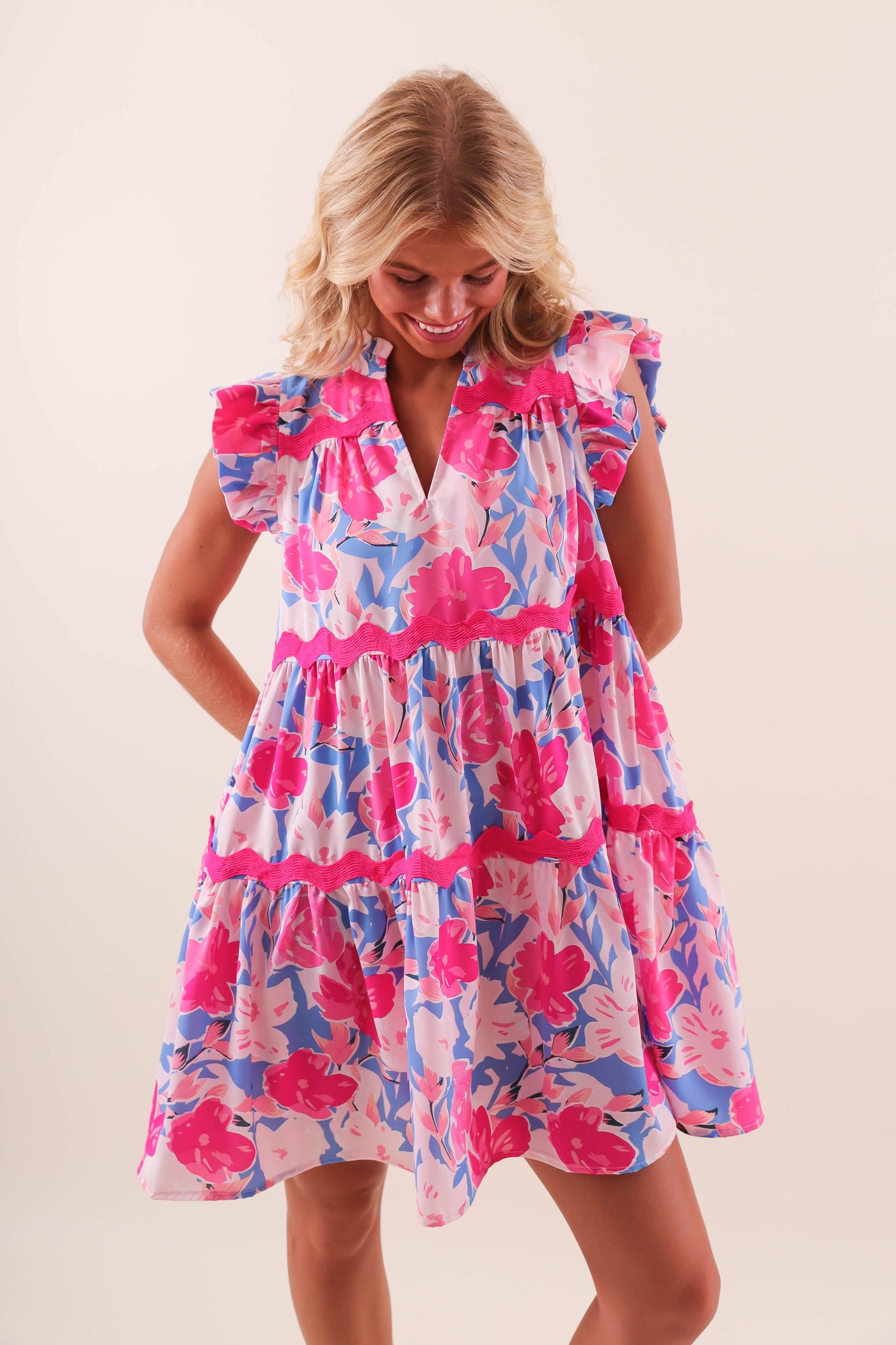 Women's Colorful Ric-Rac Dress- Women's Floral Print Mini Dress- Umgee Pink Dress