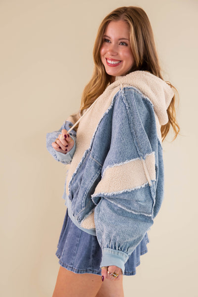 Oversized Denim Jacket- Denim and Sherpa Patchwork Jacket- Bibi Denim Sherpa Jacket
