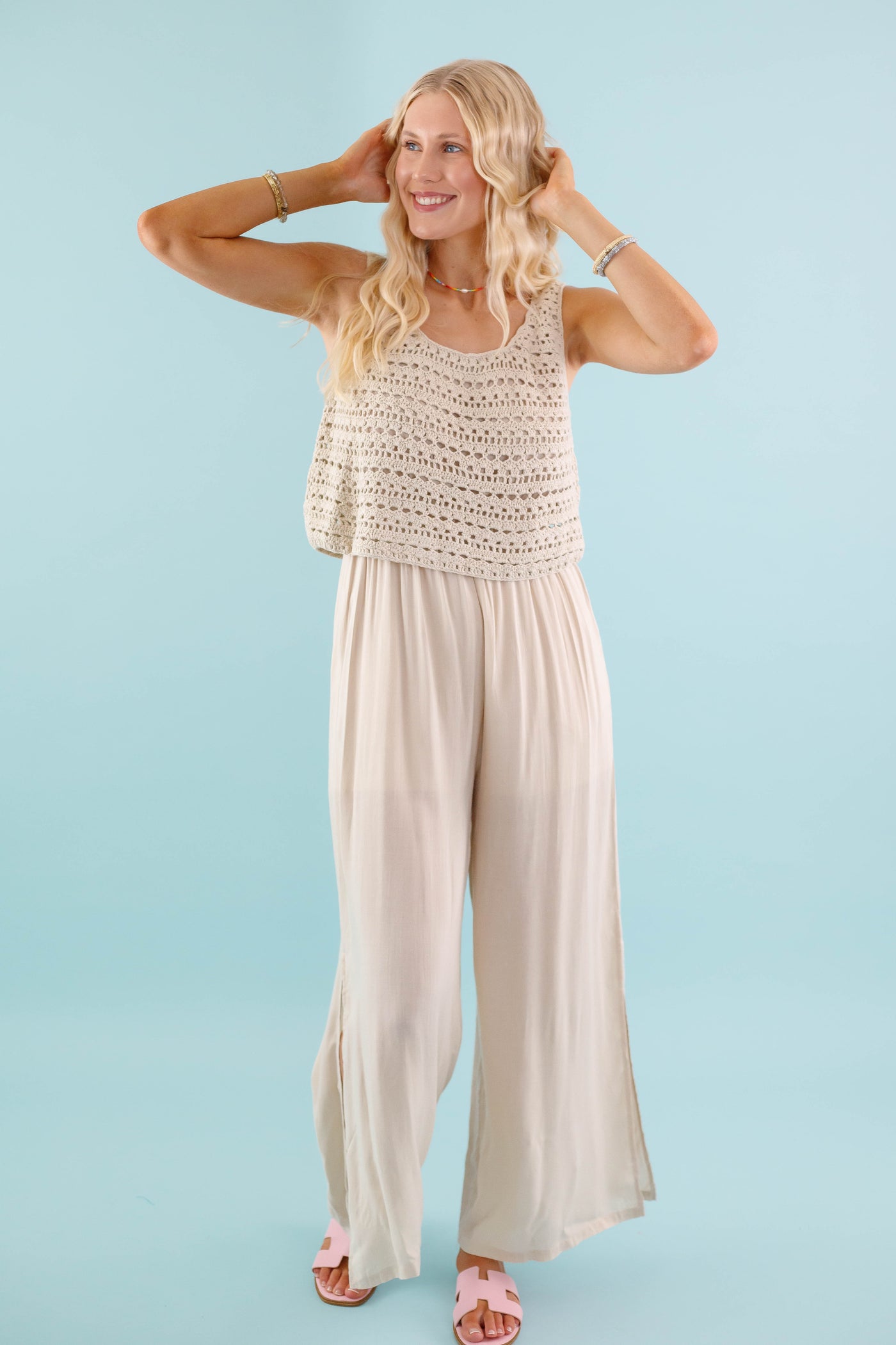 Cream Crochet Slit Jumpsuit- Women's Boho Jumpsuit- Crotchet Jumpsuit