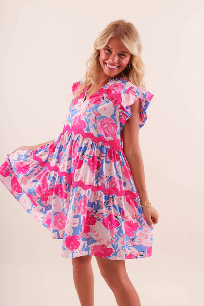 Women's Colorful Ric-Rac Dress- Women's Floral Print Mini Dress- Umgee Pink Dress