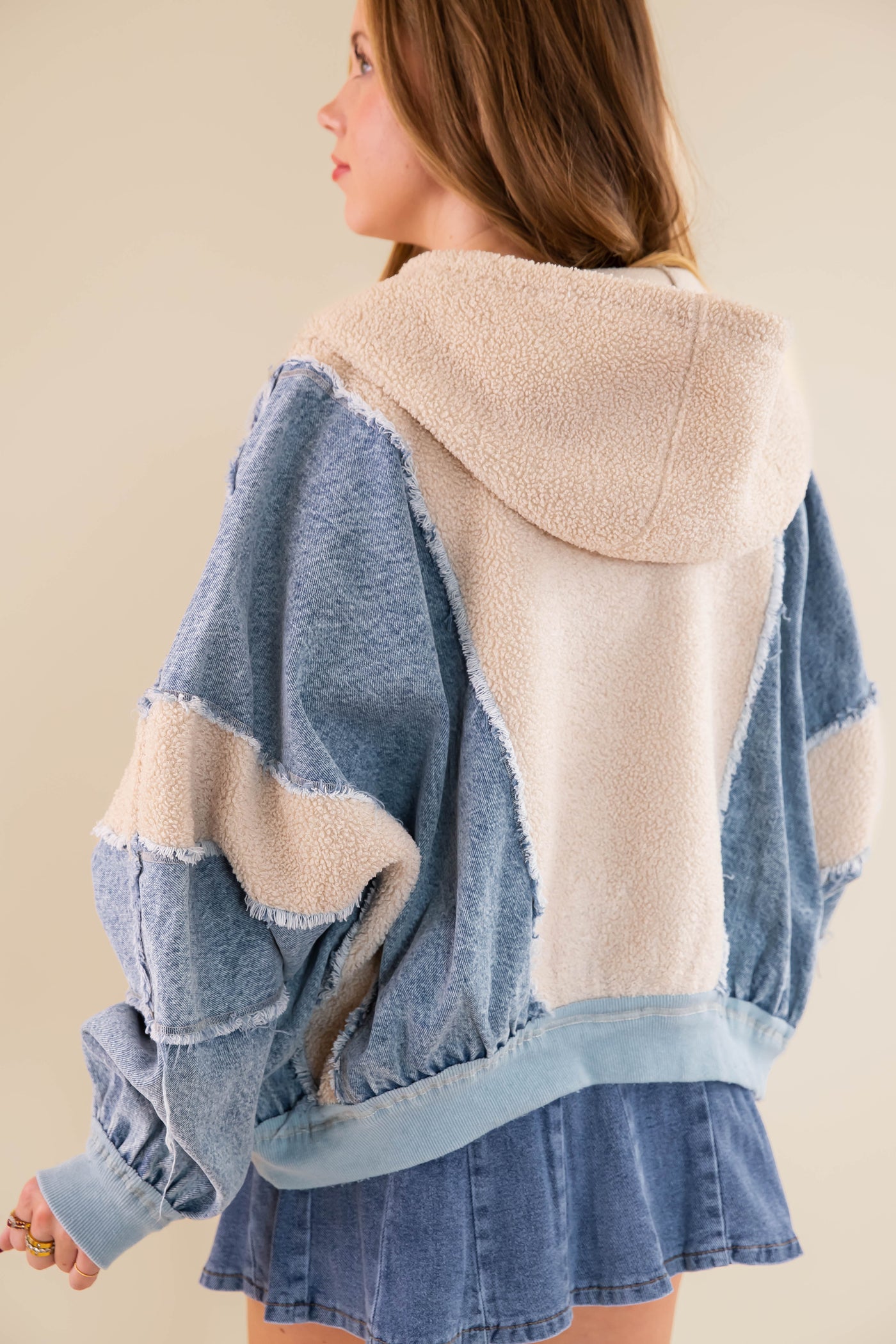 Oversized Denim Jacket- Denim and Sherpa Patchwork Jacket- Bibi Denim Sherpa Jacket