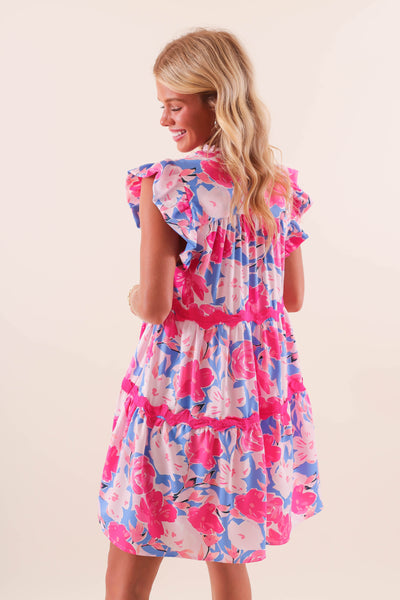 Women's Colorful Ric-Rac Dress- Women's Floral Print Mini Dress- Umgee Pink Dress