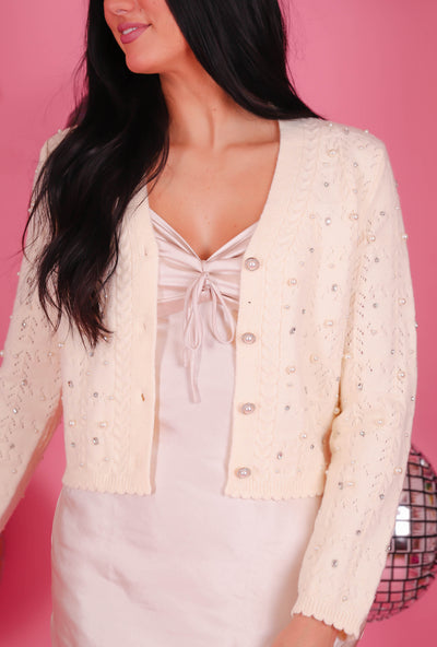 Women's Rhinestone and Pearl Cardigan- Women's Ivory Pearl Cardigan- Strut & Bolt Cardigan