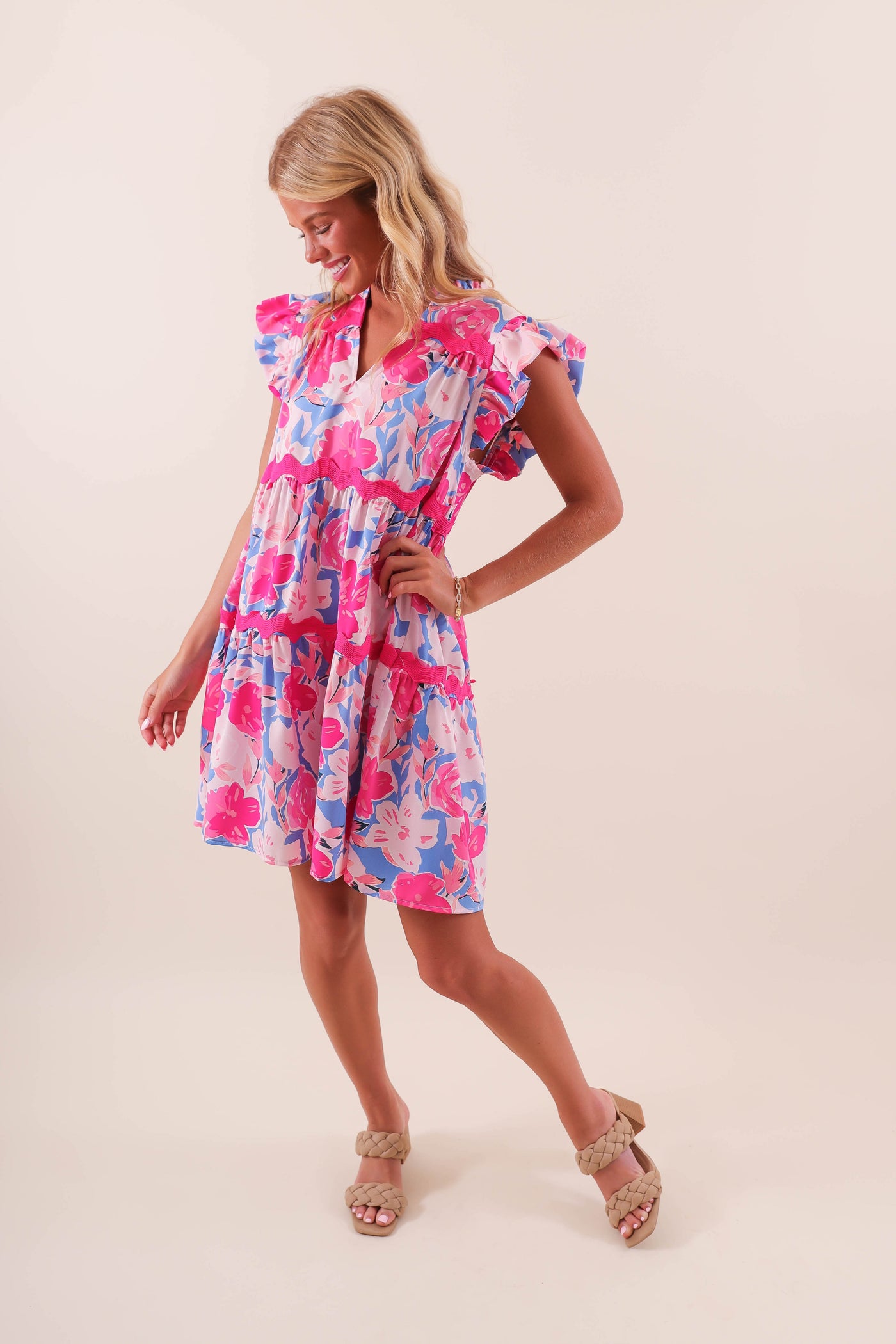 Women's Colorful Ric-Rac Dress- Women's Floral Print Mini Dress- Umgee Pink Dress