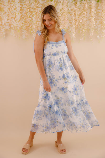 Women's Blue And Green Flower Dress- Blue Crotchet Dress- Blu Pepper Floral Maxi Dress