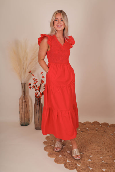 Women's Red Smocked Midi Dress- Women's Red Midi Dress- Sugar Lips Midi Dress