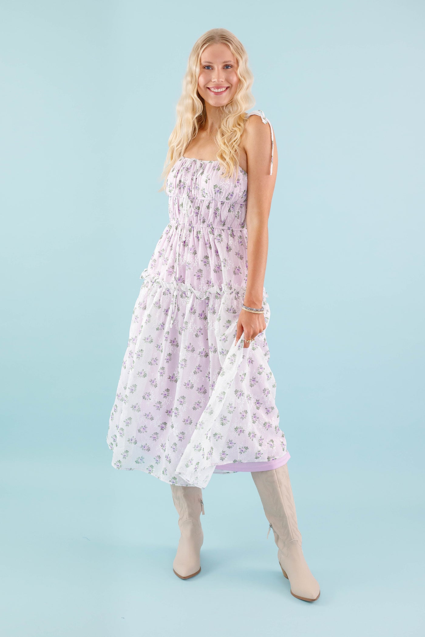 Lavender Floral Midi Dress- Dainty Flower Print Dress- Storia Midi Dress