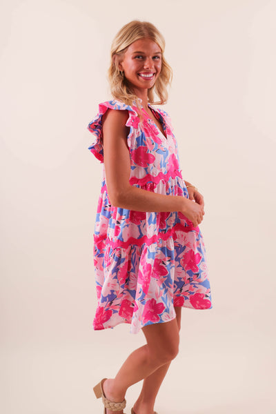 Women's Colorful Ric-Rac Dress- Women's Floral Print Mini Dress- Umgee Pink Dress