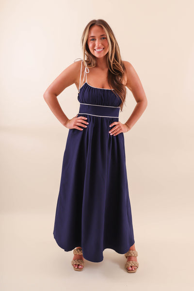 Navy Maxi Dress with White Piping Contrast - Solid Navy Maxi With White Stripes