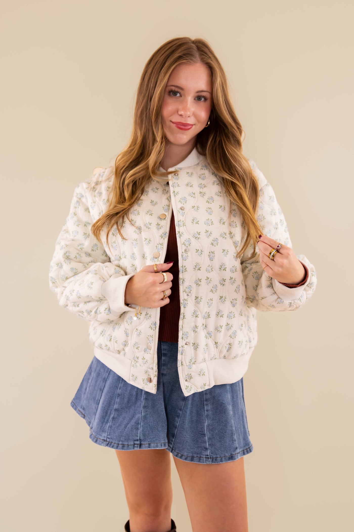 Quilted Floral Bomber Jacket- Preppy Micro Floral Print Quilted Jacket- Main Strip Quilted Jacket