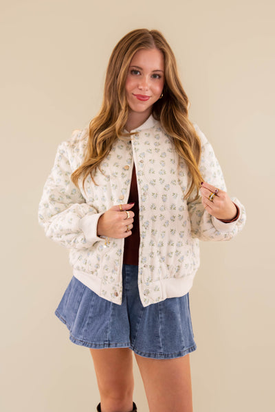 Quilted Floral Bomber Jacket- Preppy Micro Floral Print Quilted Jacket- Main Strip Quilted Jacket