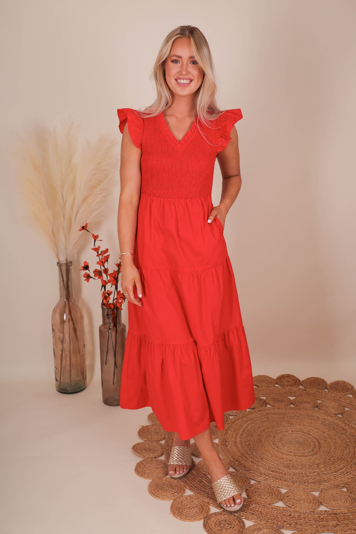 Women's Red Smocked Midi Dress- Women's Red Midi Dress- Sugar Lips Midi Dress