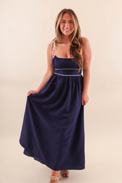 Navy Maxi Dress with White Piping Contrast - Solid Navy Maxi With White Stripes