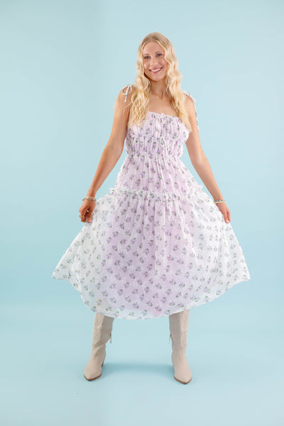 Lavender Floral Midi Dress- Dainty Flower Print Dress- Storia Midi Dress