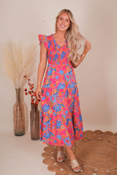 Women's Floral Smocked Midi Dress- Women's Hot Pink Midi Dress- Sugar Lips Midi Dress