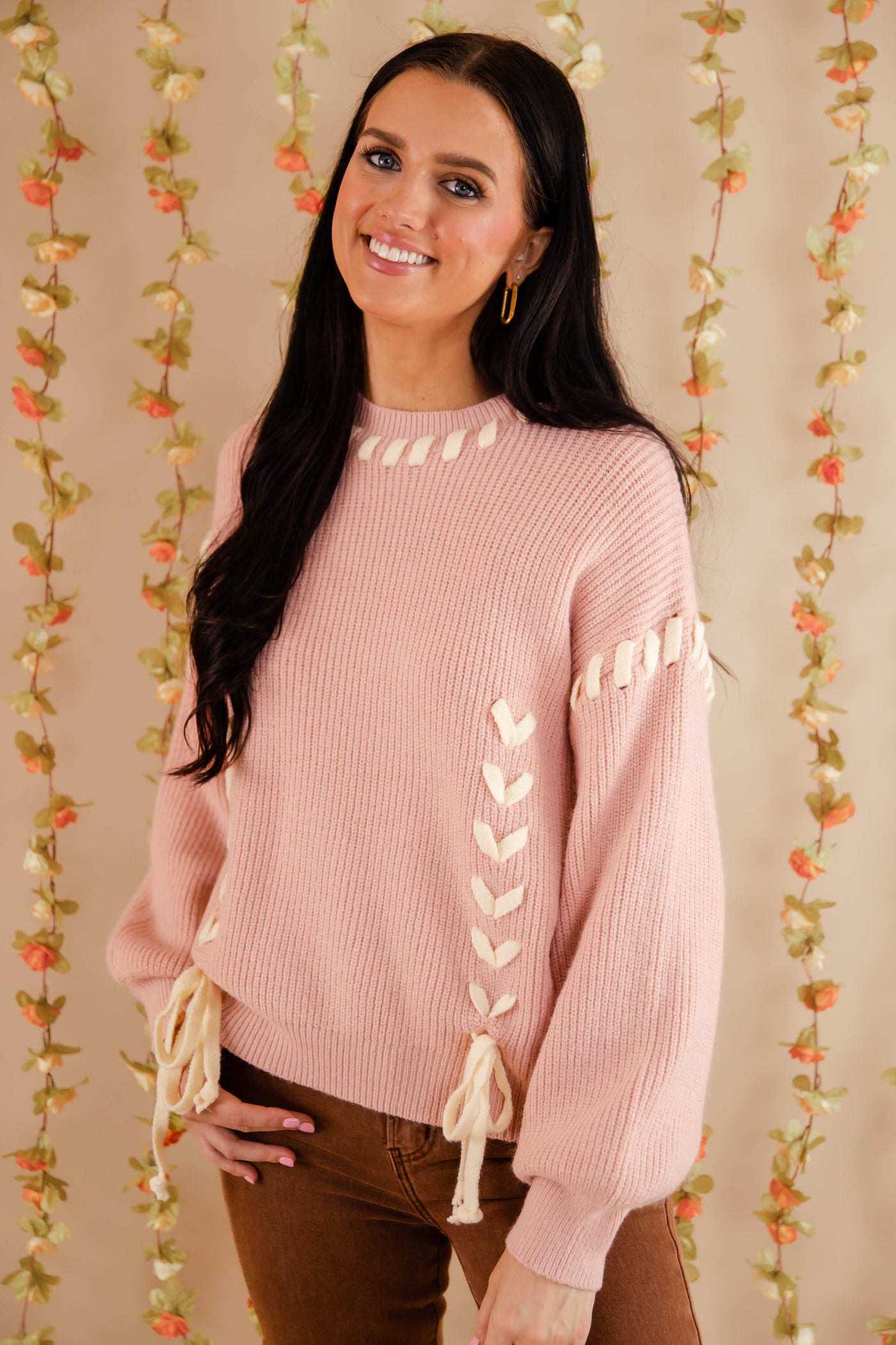 Lace-up Ribbon Sweater- Women's Blush Pink Ribbon Sweater- Pink Knit Sweater