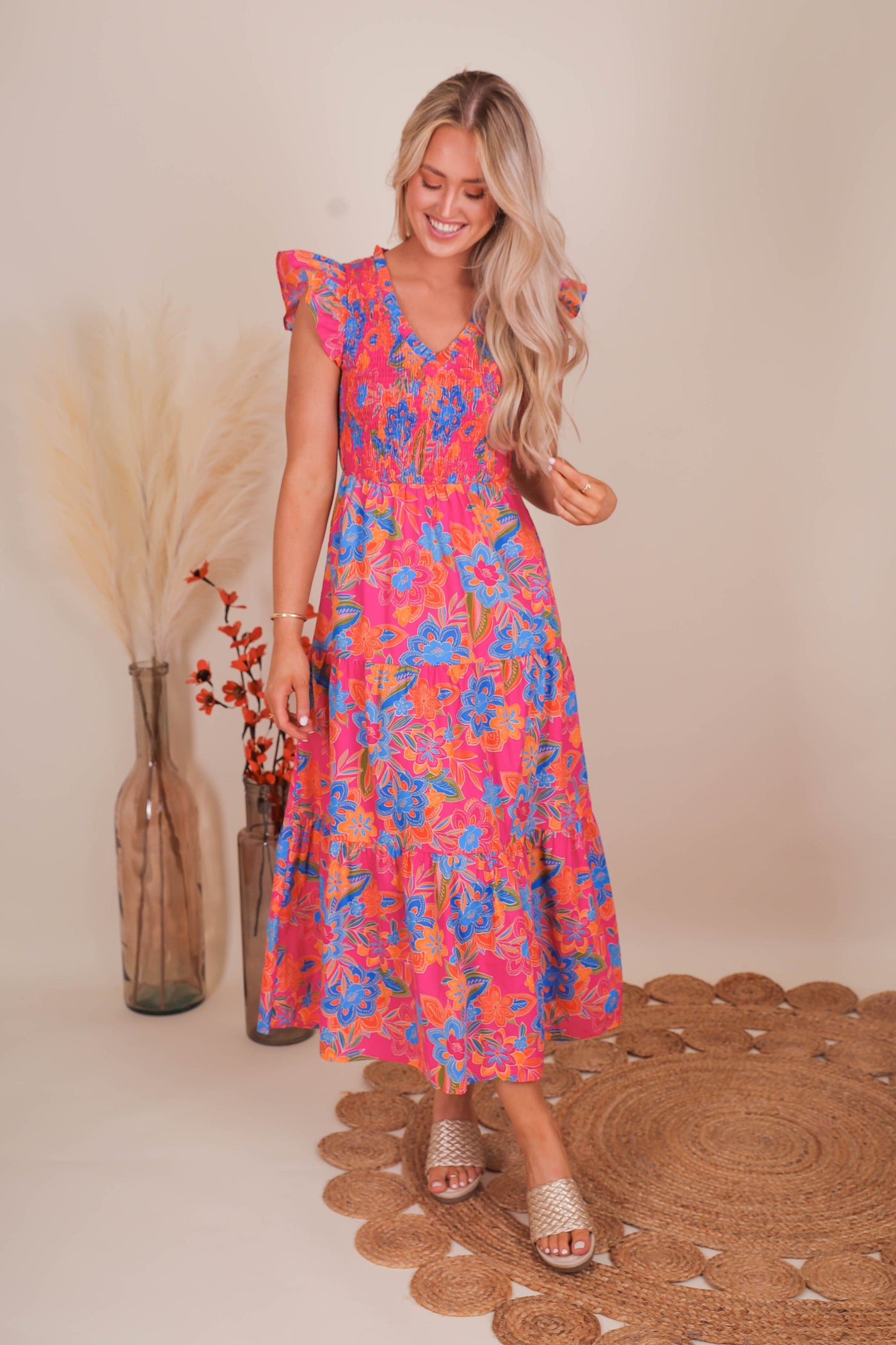 Women's Floral Smocked Midi Dress- Women's Hot Pink Midi Dress- Sugar Lips Midi Dress