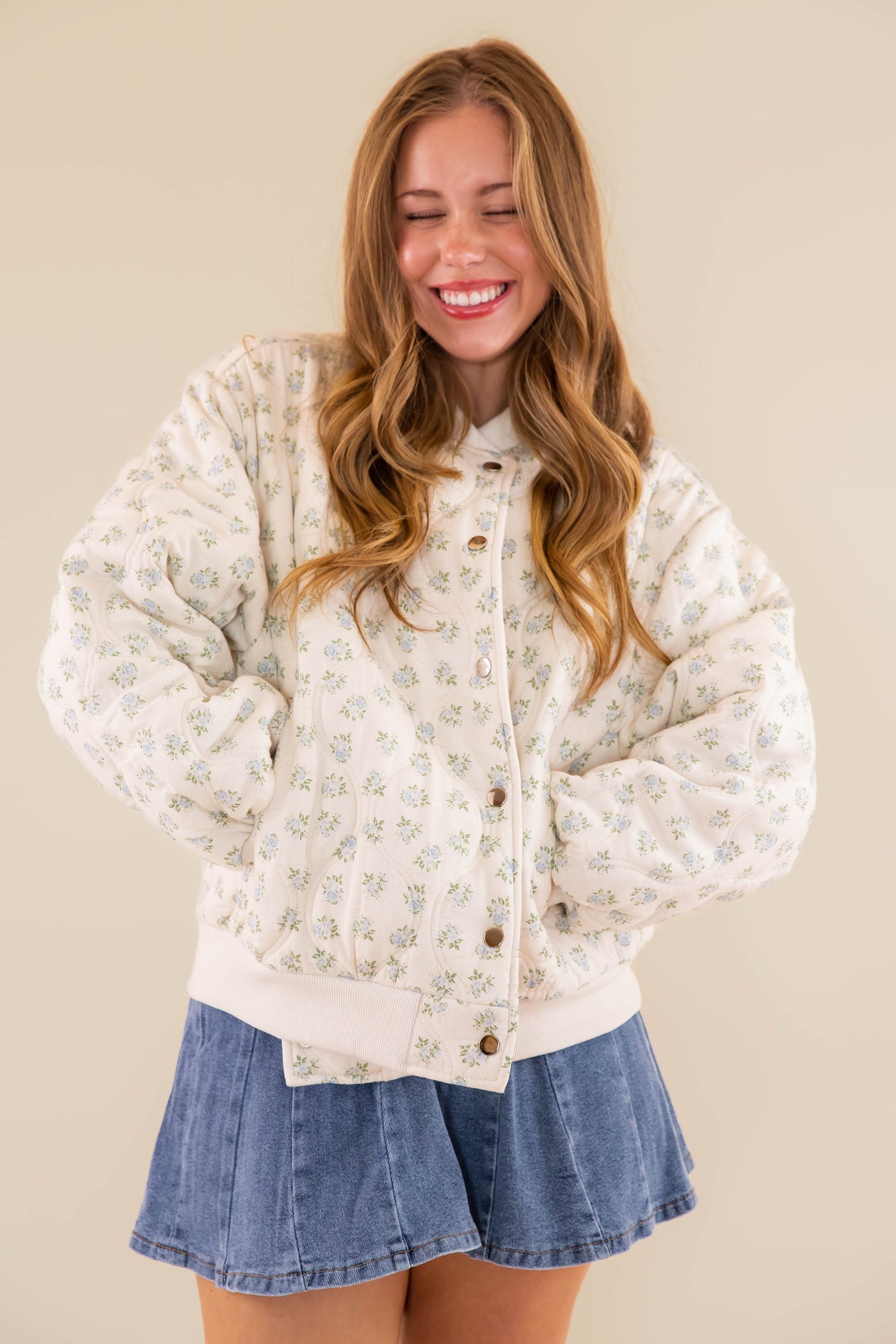 Quilted Floral Bomber Jacket- Preppy Micro Floral Print Quilted Jacket- Main Strip Quilted Jacket