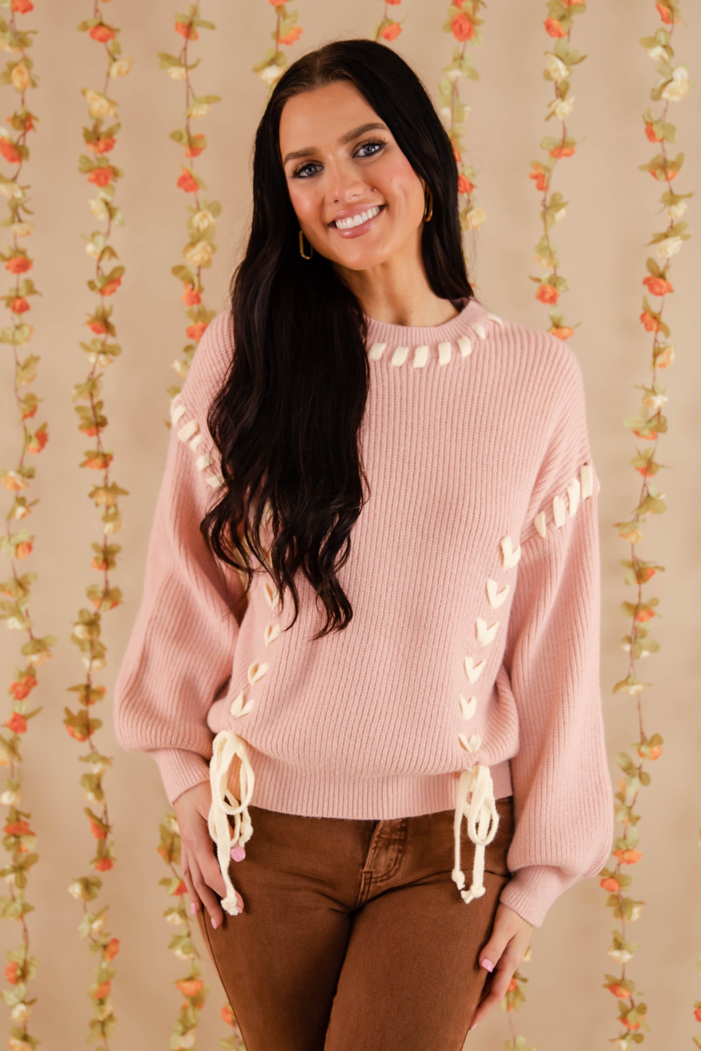 Lace-up Ribbon Sweater- Women's Blush Pink Ribbon Sweater- Pink Knit Sweater