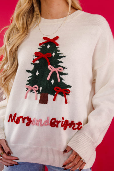 Merry and Bright Christmas Sweater- Christmas Tree Sweater with Bows- Le Lis Christmas Sweater